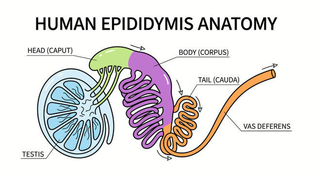 Detailed diagram illustrating the human epididymis anatomy, showing its parts and connection to the testis and vas deferens.