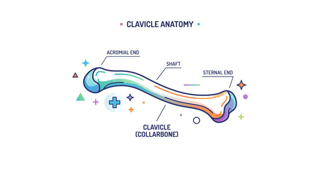 Anatomical diagram of the human clavicle bone, showing the acromial end, shaft, and sternal end, with 'Clavicle (Collarbone)' label.