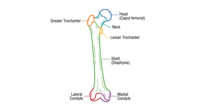 Detailed anatomical diagram of the human femur bone with labeled parts.