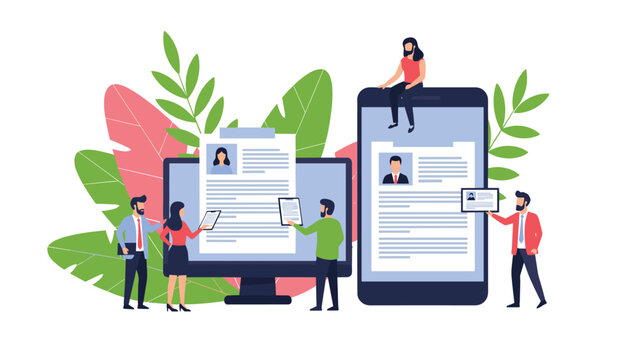Recruitment agency professionals review candidate resumes on computer and smartphone screens during hiring process.