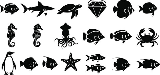 Underwater animal vector collection, silhouettes of fish, shark, turtle, squid, crab, starfish, seahorse, and penguin for marine themed designs. © Hafeza
