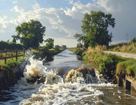 Water flowing over small dam river.