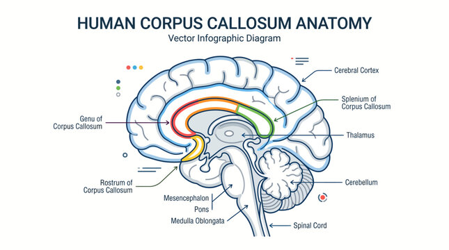 Educational vector infographic diagram showing the anatomy of the human corpus callosum in the brain.