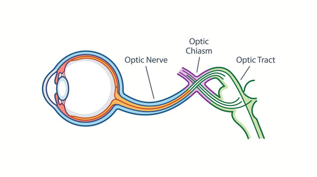 Anatomy of the human visual pathway showing the eye, optic nerve, optic chiasm, and optic tract in a detailed diagram.