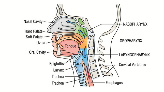 Anatomical diagram showing the human pharynx and respiratory system structure in side view.