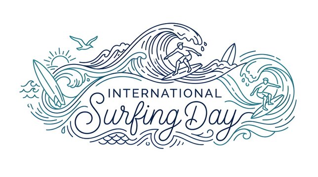 International Surfing Day Line Art Illustration with Continuous Wave Drawing and Elegant Typography