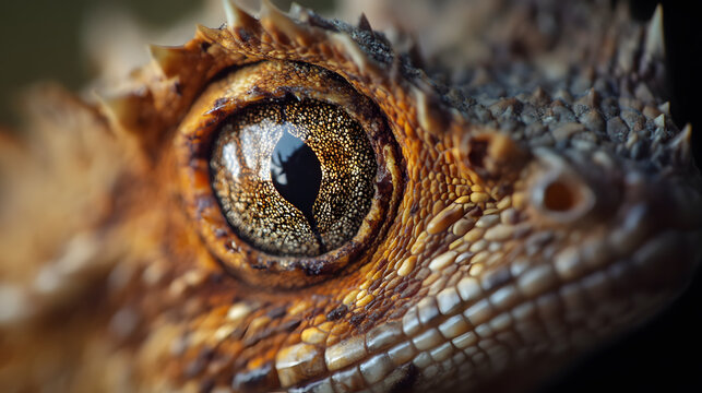 Close up of a reptile's eye showcasing intricate textures golden brown scales and a reflective surface in soft focus