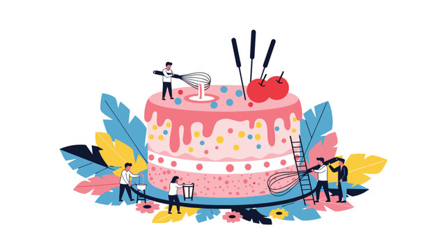 Creative group of miniature chefs using various tools to decorate a large tiered cake with pink frosting, sprinkles, and fresh cherries.