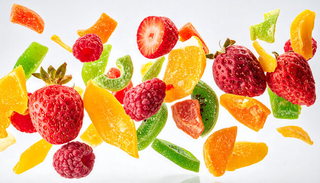 Flying dried fruits and fresh berries explosion isolated on white background, levitation concept