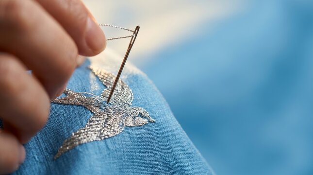 Close-up of hand embroidering intricate silk pattern with needle and thread