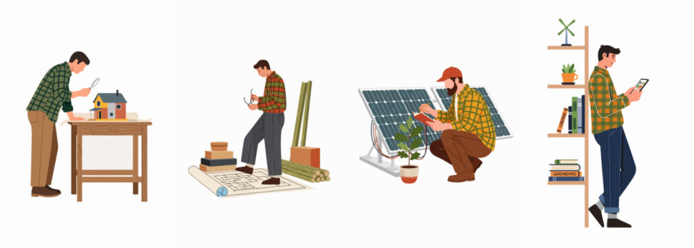 Illustrations of professionals and enthusiasts working on sustainable architecture, solar energy, and eco-friendly home design projects.
