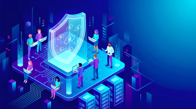 Data protection and cloud network security banner, futuristic isometric tech concept with server racks and people