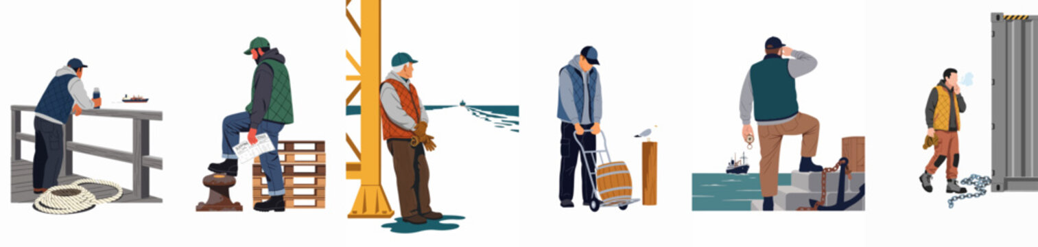A diverse collection of maritime workers, sailors, and dockworkers performing various tasks and operations at a busy commercial shipping port or harbor.