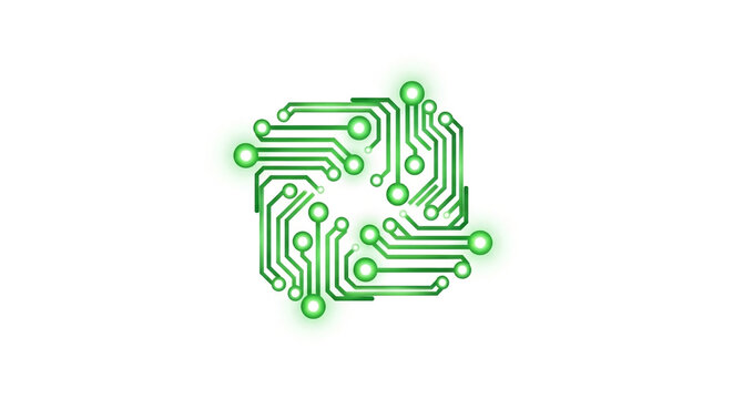 High tech neon green circuit board logo design with futuristic digital pattern and abstract shape