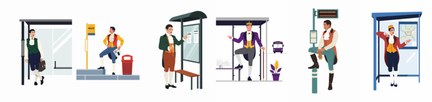 Flat vector illustration set of men in 18th-century aristocratic costumes waiting at modern bus stops, blending historical fashion with contemporary public transport.