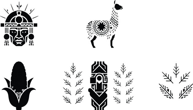 Inca Culture and Ancient Peruvian Civilization Icon Set with Tribal Leader, Llama, Corn, Totem, and Ethnic Patterns for History and Travel Designs