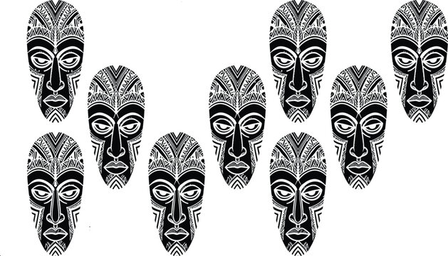 African Tribal Mask Icon Set with Traditional Ethnic Geometric Patterns for Cultural Tourism, Souvenirs, Graphic Designs, and Decorative Background Art