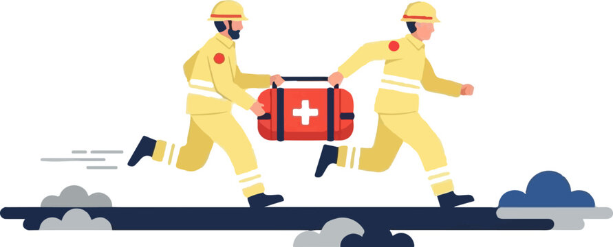 Emergency responders carrying medical first aid kit together.