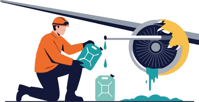 Aircraft technician performing engine maintenance with lubricant.