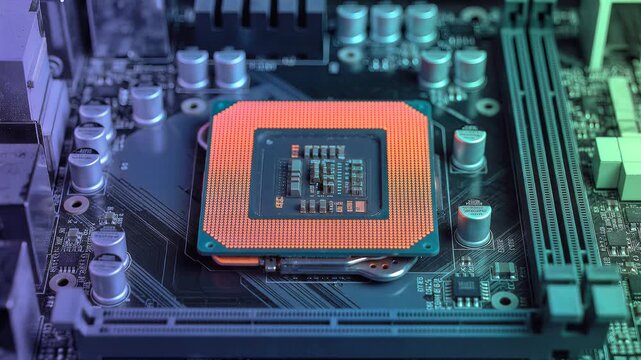 Close-up of a computer processor on a motherboard with colorful lighting.