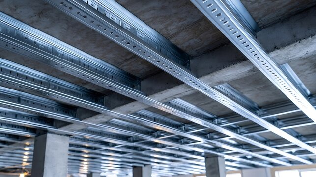Metal drywall ceiling frame of galvanized steel profiles attached to concrete slabs and support beams, industrial unfinished interior during apartment renovation and installation work