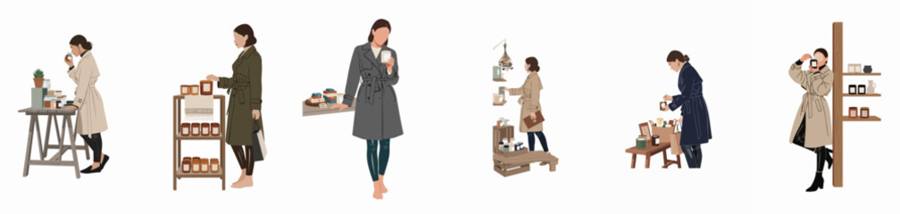 Obraz premium Collection of minimalist flat illustrations featuring women in trench coats shopping for scented candles and home decor in various boutique settings.