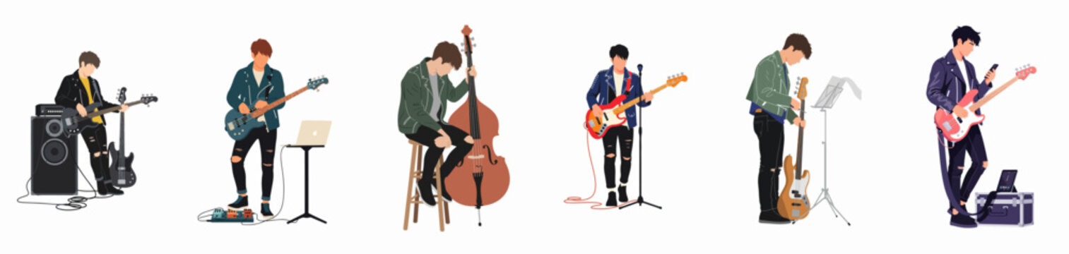 Set of flat vector illustrations featuring young male musicians playing electric bass and double bass guitars in various poses on a white background.