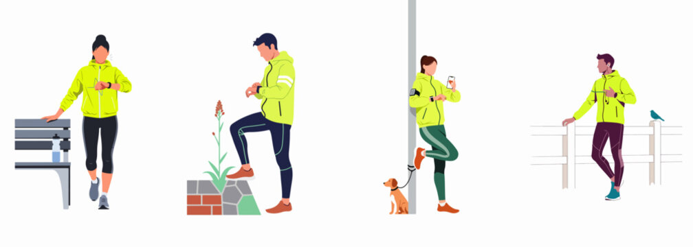 Collection of flat vector illustrations showing runners using smartwatches and technology to track their fitness and health during outdoor activities.