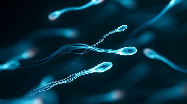 Sperm cells swimming towards an egg or ovum on a dark background showing the microscopic vision of male reproductive cells and their motility, representing fertilization and pregnancy concepts