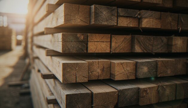 A close-up shot of stacked wooden beams at a lumber yard with soft evening sunlight hitting the ends, highlighting the texture and rings of the timber.