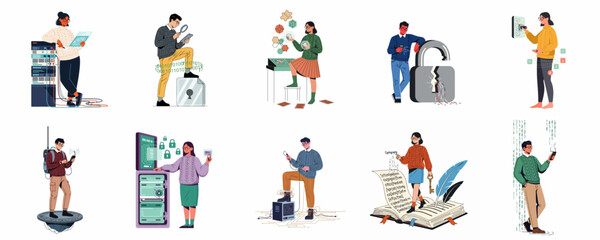 Fototapeta premium Flat vector illustrations of people working in cybersecurity, data science, cryptography, and network technology, highlighting digital security, programming, and innovation concepts.