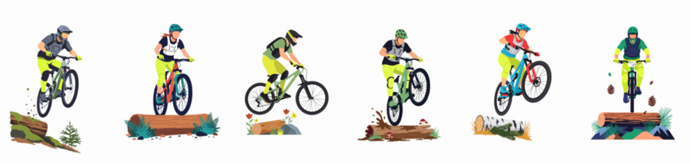 Obraz premium Set of Vector Illustrations Featuring Mountain Bikers Performing Stunts and Jumping Over Logs in a Forest Setting on White Background.