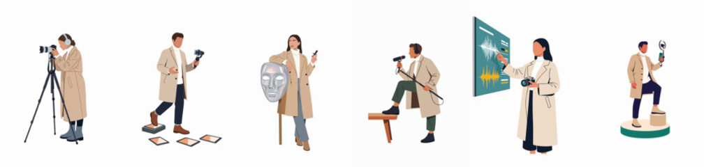 Obraz premium Collection of diverse digital content creators and media professionals working with cameras, microphones, and modern technology for video and sound production.