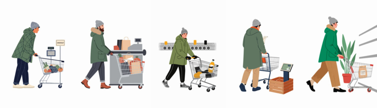 Vector illustration set of men wearing winter coats and hats, shopping for groceries with carts and checking out at a supermarket.