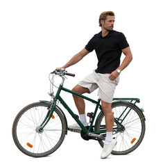 Fototapeta premium Man with a bicycle stopping and looking around, isolated on white and transparent background