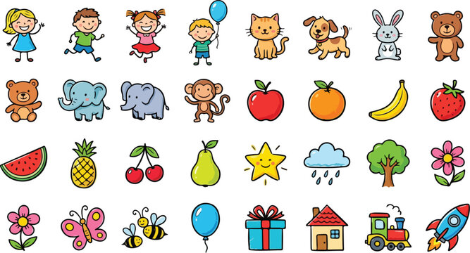 Colorful Cartoon Icons Collection: A vibrant assortment of hand-drawn cartoon illustrations featuring children, animals, fruits, and objects, perfect for educational or playful designs.