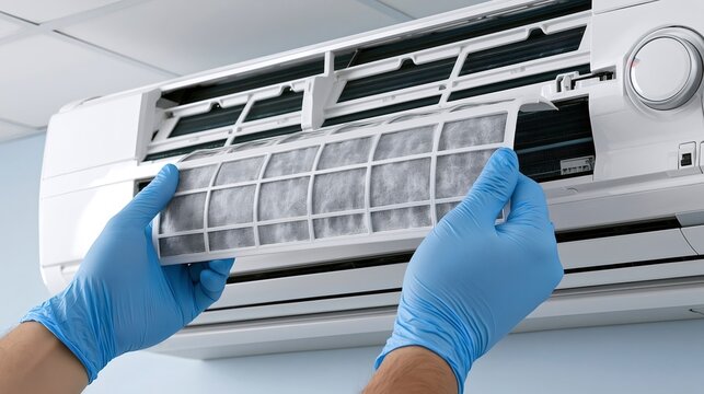 Technician hands in blue gloves removing dirty air conditioner filter for cleaning and replacement, ensuring healthy air quality and efficient cooling operation