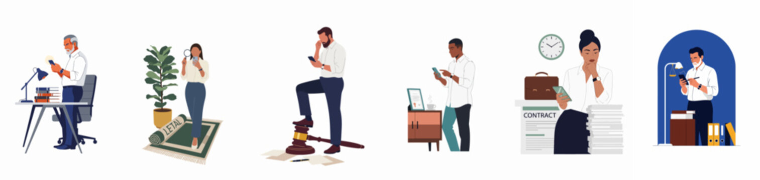 Illustration of diverse legal professionals and business people using smartphones in office and law firm settings, emphasizing modern digital communication in the workplace.