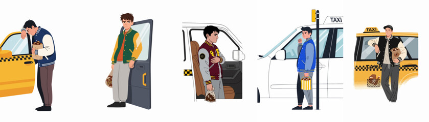 Set of five character illustrations of a young man wearing different varsity jackets, interacting with taxis with tired, sad, or contemplative expressions. © Anna