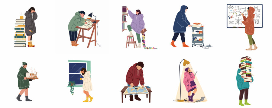 Collection of exhausted students in hoodies studying hard with books, notes, and snacks, depicting late-night academic stress and university life.