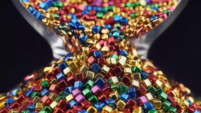 Hourglass filled with colorful confetti falling down symbolizing time passing.