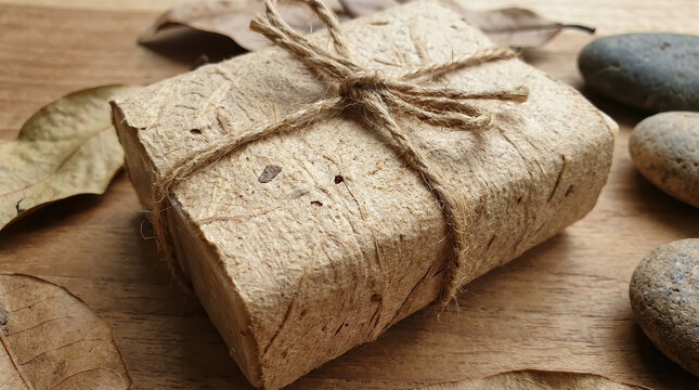 Sustainable packaging design sustainable packaging design wrapped gift on wooden table with natural leaf and stone accent