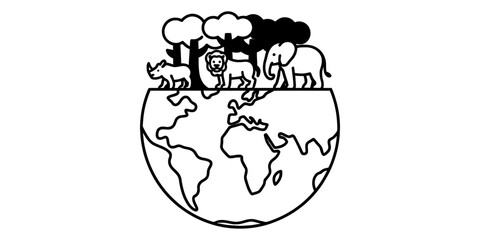 Black and white line art illustration of wild animals like a lion elephant and rhino standing on planet earth with forest trees Vector, illustration © Digital Illustration