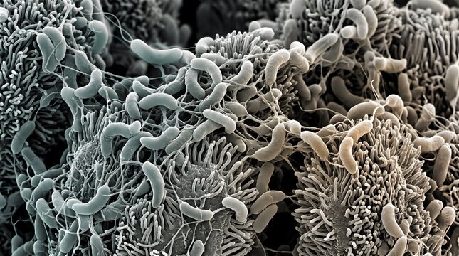 Bacterial Colonization: Scanning Electron Micrograph of Vibrio cholerae Biofilm on Intestinal Epithelium