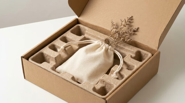 Sustainable packaging design sustainable packaging design with kraft box and cloth pouch on clean table