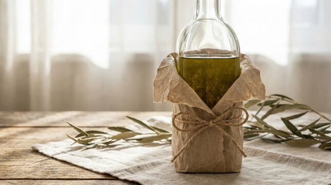 Sustainable packaging design sustainable packaging design, glass bottle rustic paper wrap wooden table with natural olive branch and soft light