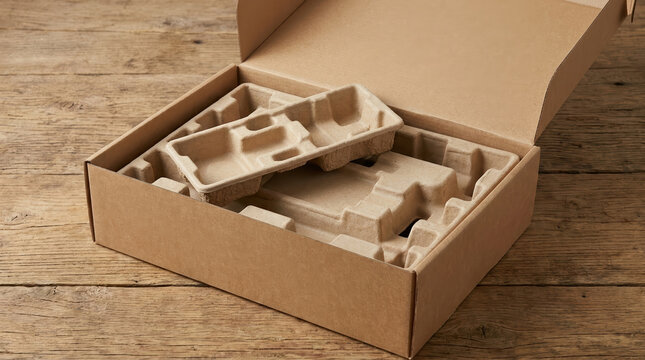Sustainable packaging design sustainable packaging design in kraft box with molded pulp insert on wooden table