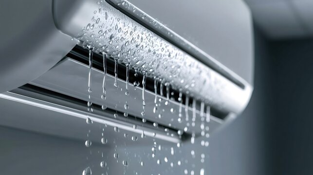 Air conditioner unit leaking clear water droplets and streams due to excessive condensation, indicating a malfunction or the need for service during hot weather