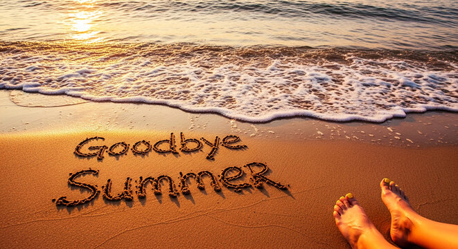 Text written in sand, "Goodbye Summer", with gentle waves and golden sunlight, symbolizing the end of a season and a transition.
