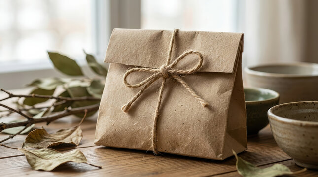 Sustainable packaging design sustainable packaging design kraft paper gift bag with twine on wooden table in soft natural light